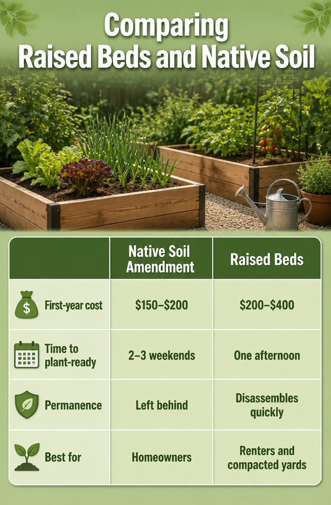 7 Steps: Essential Vegetable Gardening Tips for Beginners 11 A comparison chart of raised beds and native soil amendment.