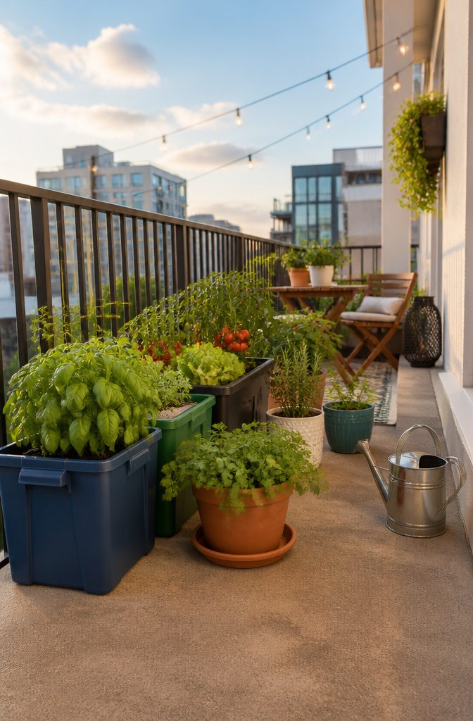 7 Steps: Essential Vegetable Gardening Tips for Beginners 9 Vegetables growing in various containers on a balcony.