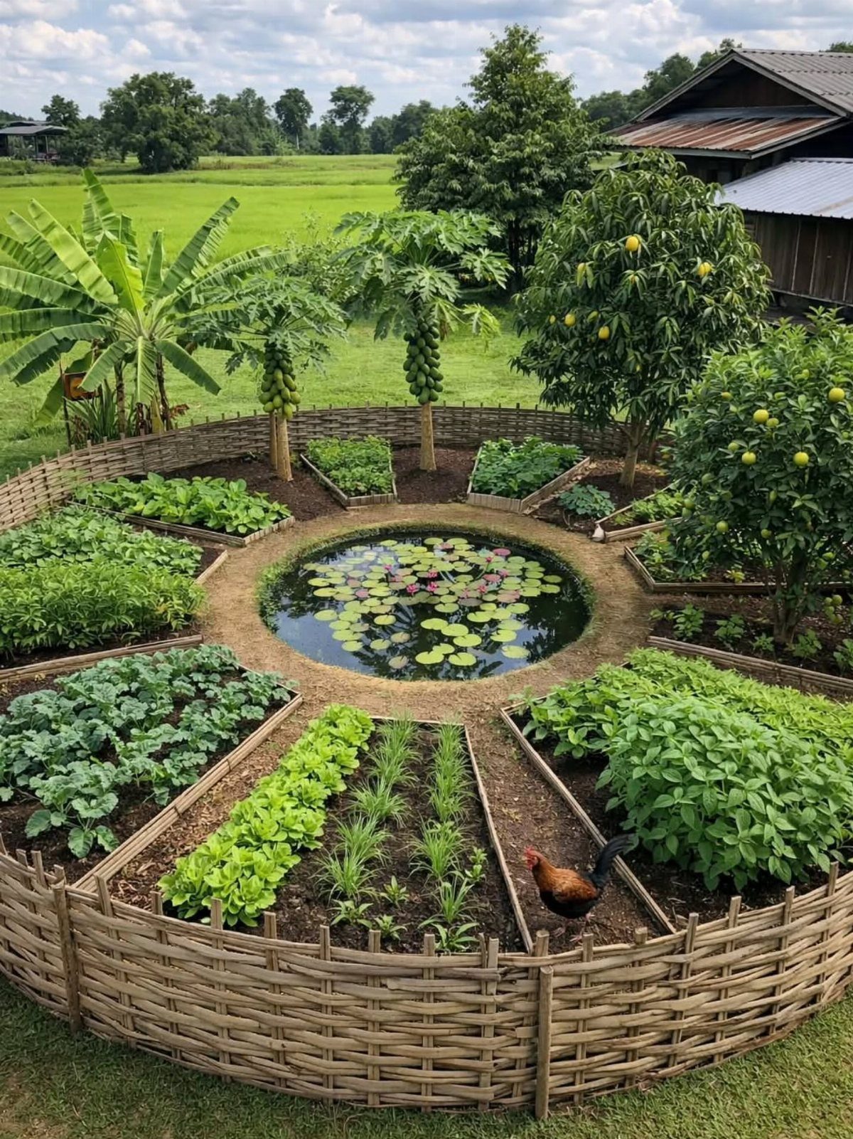 A circular garden with a central lily pond surrounded by various vegetable beds and woven bamboo fencing.
