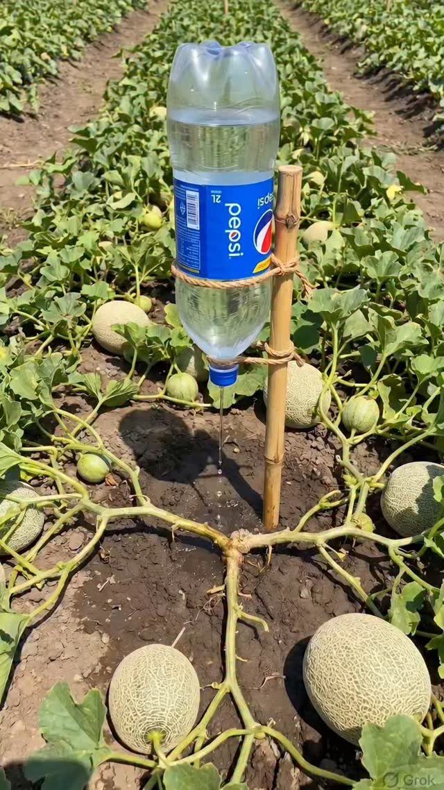 A plastic water bottle tied to a bamboo stake dripping water onto melon plants in a garden.